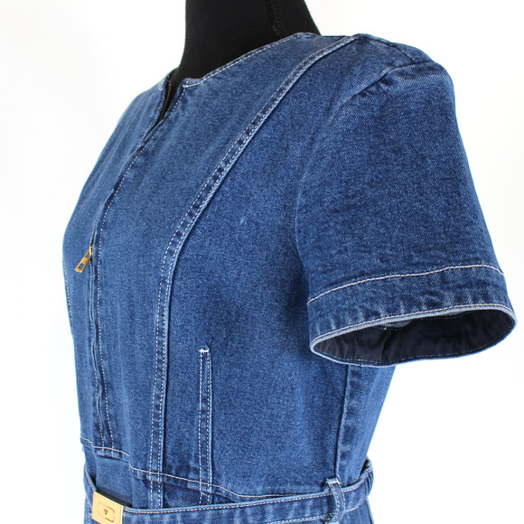 Tory Burch Nadia Triple Washed Blue Denim Belted Dress 12 Gold Logo Short Mini - Picture 4 of 8